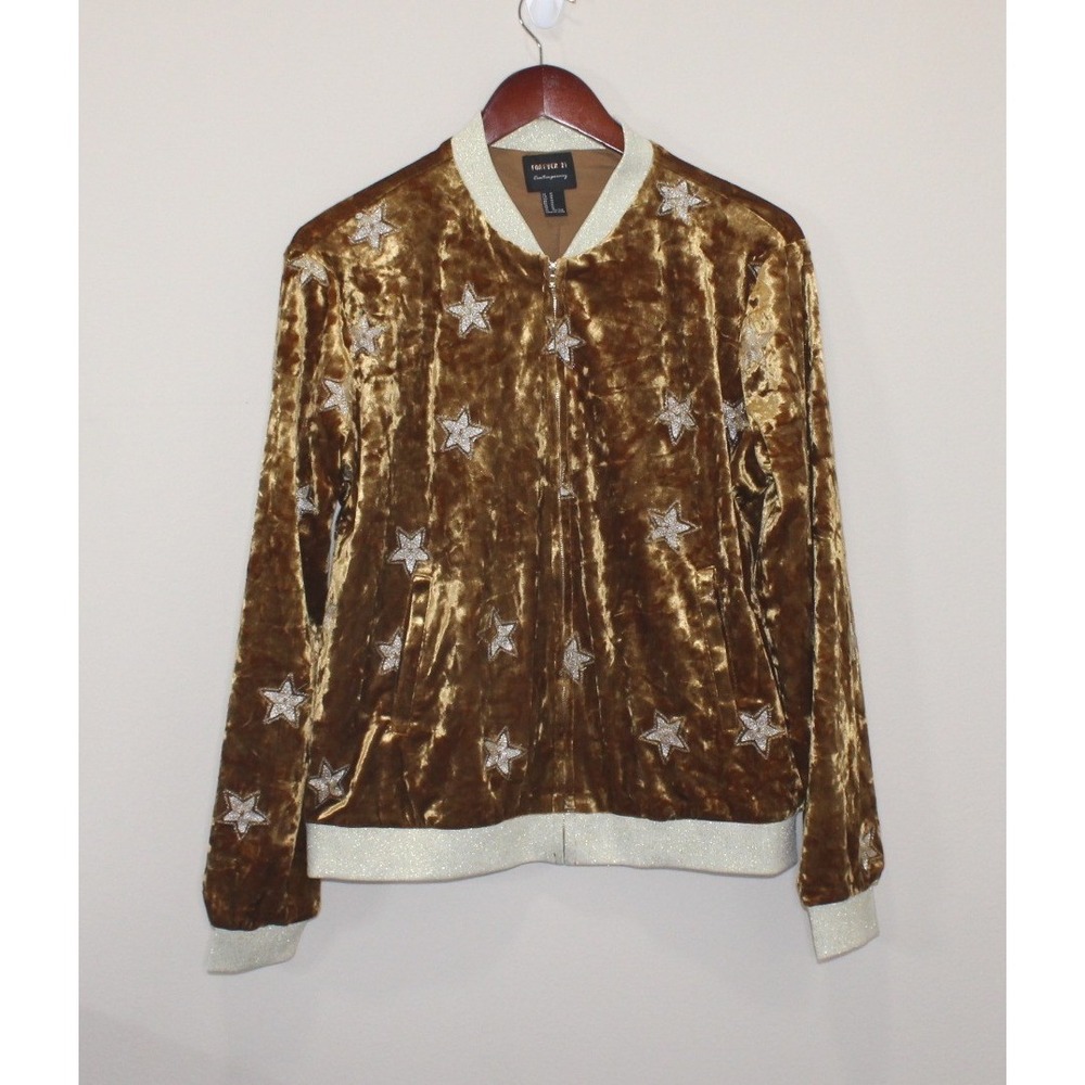 Forever 21 bomber jacket M gold crushed velvet star metallic trim full zip lined